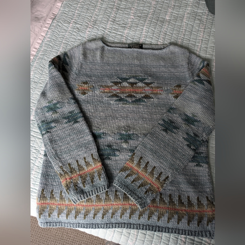 Ladies Lauren Ralph LAUREN LINEN Handknited Aztec Print Sweater Size Large